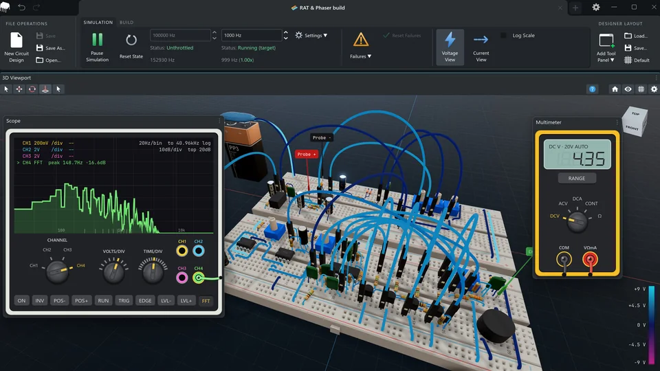 A RAT distortion and phaser build, its spectrum on the scope